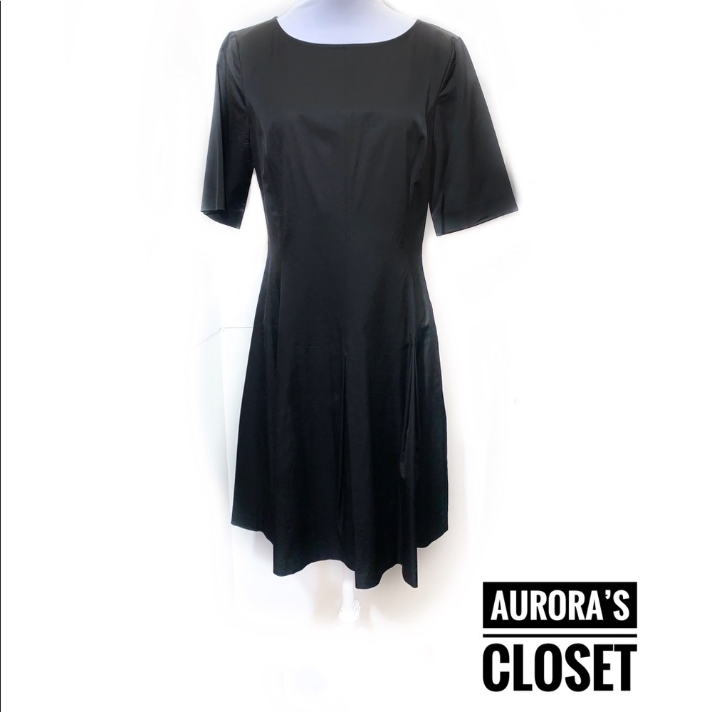 St. John 8 Black Sheath Dress Satin Short Sleeve Knee Length Half Sleeve